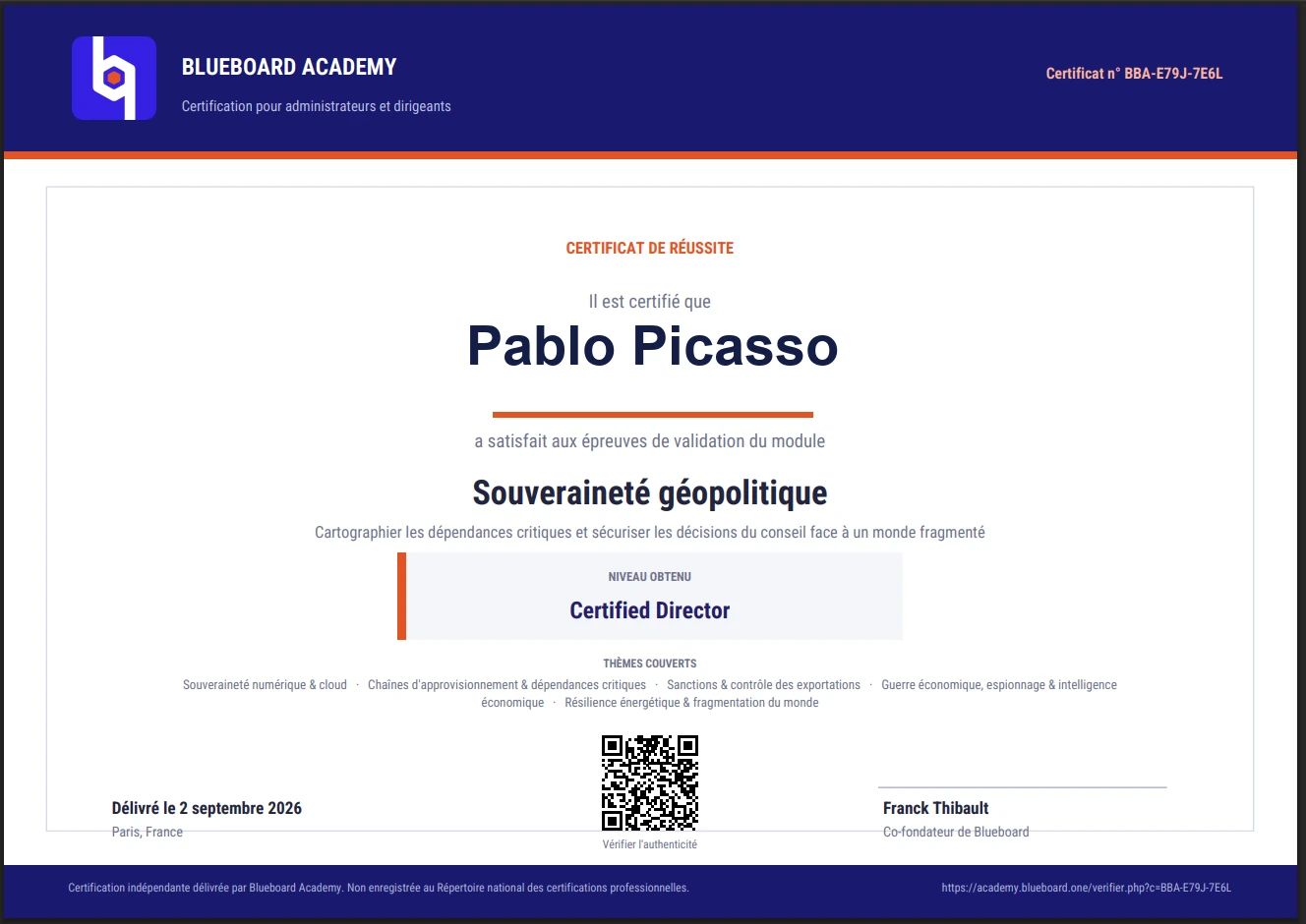 Certificat de réussite Blueboard Academy avec niveau et signature