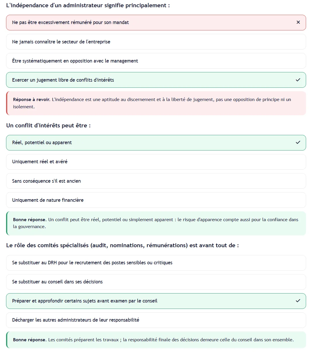 Un quiz bloquant de certification avec retour immédiat sur les réponses